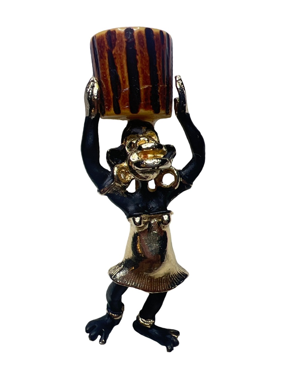Vtg 1950 Charles F. Worth Bakelite Enamel African Drum Carrier Brooch